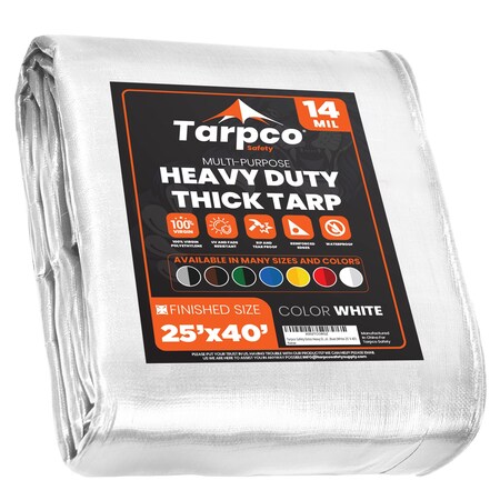 Tarpco Safety Heavy Duty Tarp, 40 ft L x 0.5 mm H x 25 ft W, 14 Mil, White, Polyethylene TS-104-25X40